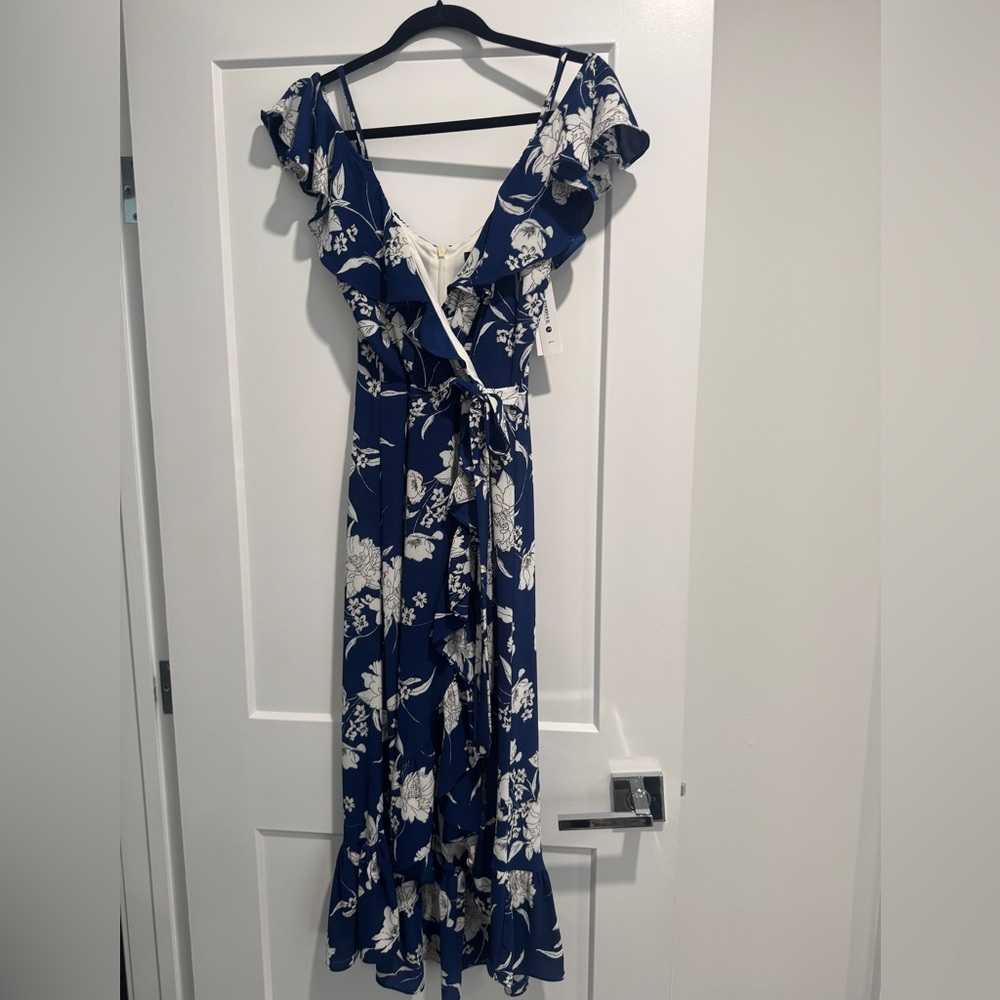 Aqua Blue Floral Off-the-Shoulder Wrap Dress – Size XS – Mint w/ Tags 💙🌸